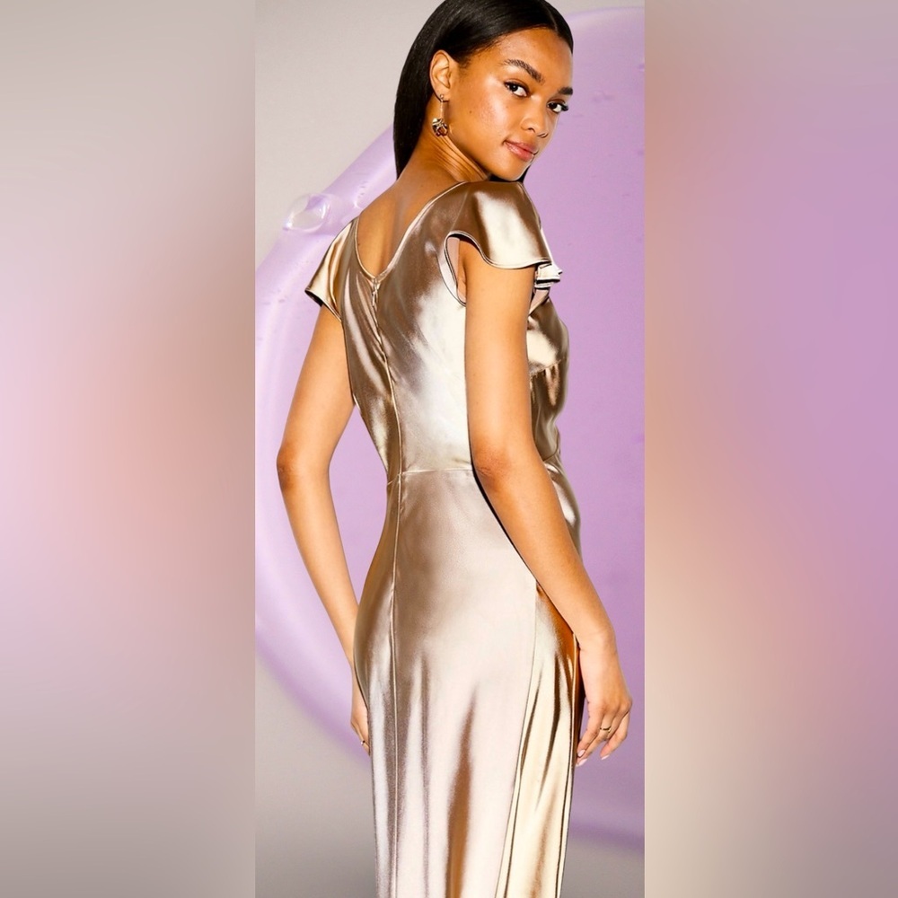 NWTS🌹THE OCCASION L🌹ELITE LINE CHAMPAGNE SATIN FLUTTER SLEEVE FITTED MIDI MAXI - Picture 10 of 16
